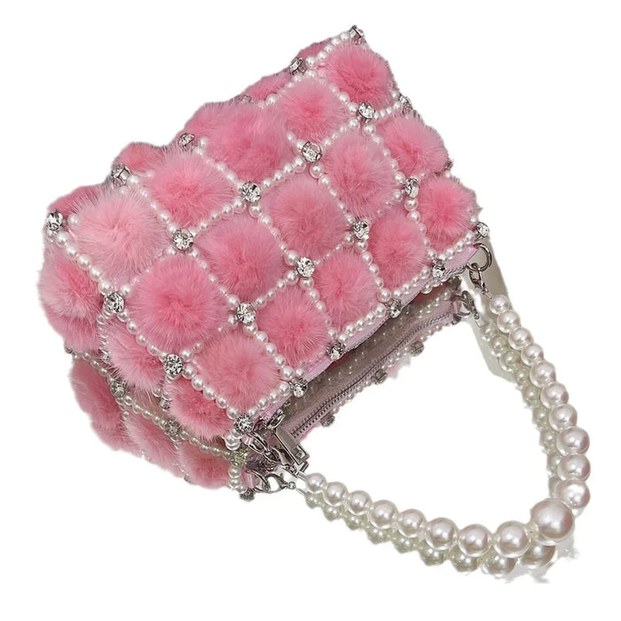 Pearl Diamond Chain Mink Fur French Fairy Single Shoulder Crossbody Bag