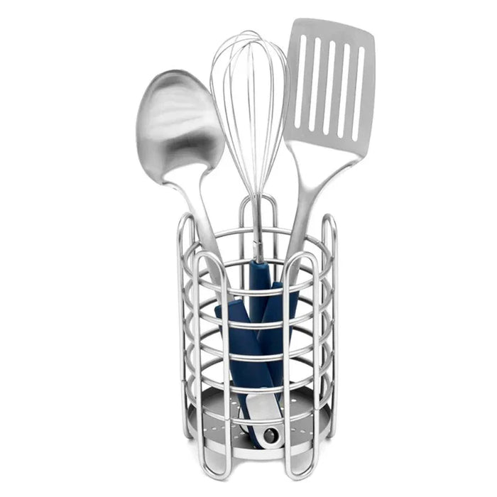 Set of kitchen utensils including a whisk, spatula, and ladle in a metal holder on a white background.