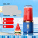 Portable electric blender with a watermelon smoothie on a blue background