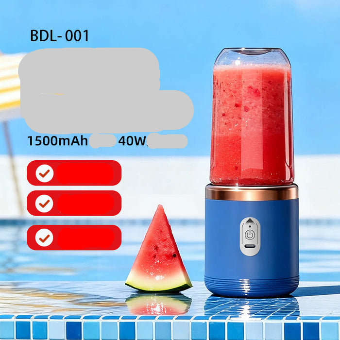 Portable electric blender with a watermelon smoothie on a blue background