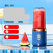 Portable electric blender with a watermelon smoothie on a blue background