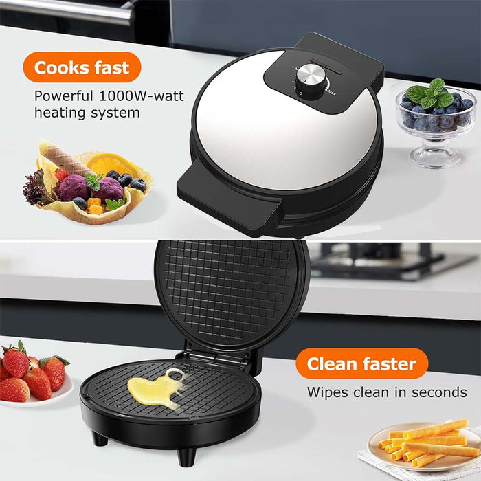 Waffle maker with text highlighting fast cooking and easy cleaning on a kitchen counter.