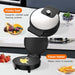 Waffle maker with text highlighting fast cooking and easy cleaning on a kitchen counter.
