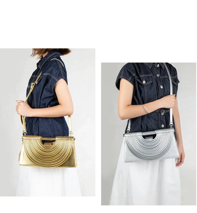 Two images of a person holding a gold and silver handbag against a white background.