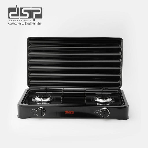 Black gas stove with open lid on a white background, featuring the DSP brand.