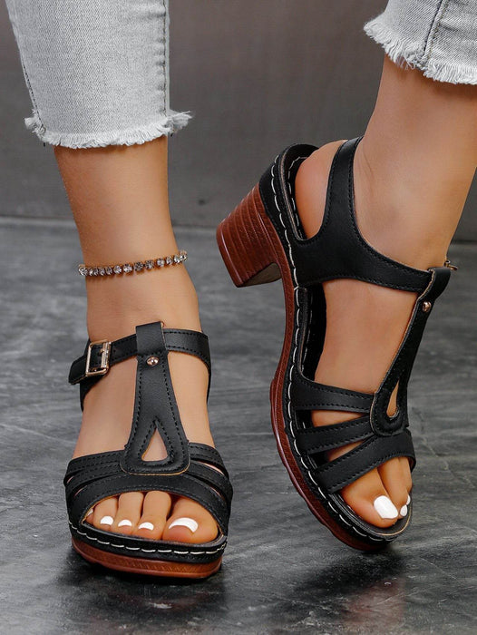 Summer New Solid Color Fish Mouth Thick Heel One-Way Buckle Strap High Heel Sandals - Dio Kollections