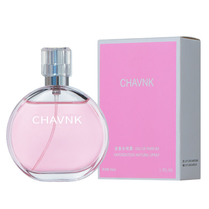Pink perfume bottle and packaging with 'CHAVNK' branding on a white background