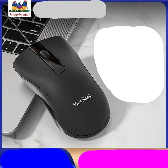 Black ViewSonic computer mouse on a marble surface with a laptop.