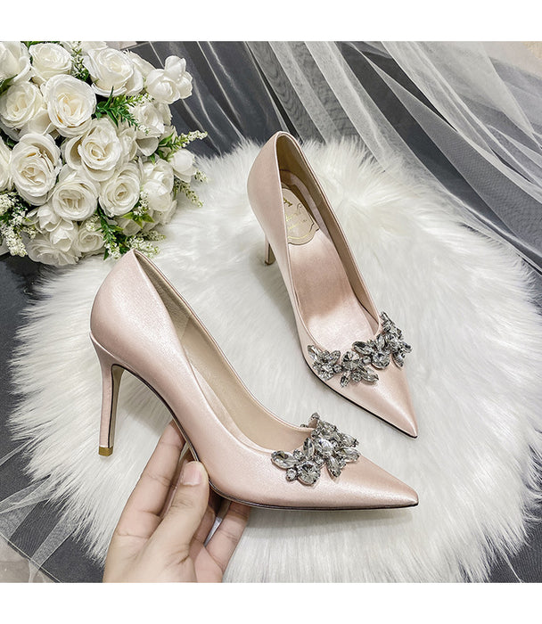 Crystal Champagne White Satin Bridesmaid Stiletto High Heel Shoes