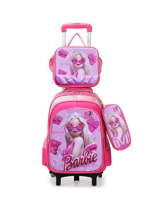 Pink Barbie-themed rolling suitcase with front pocket on a white background