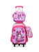 Pink Barbie-themed rolling suitcase with front pocket on a white background