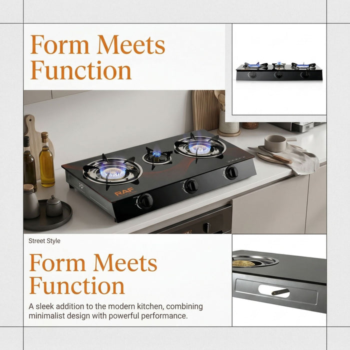 Modern gas stove with 'Form Meets Function' text on a kitchen background