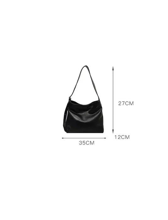 Black handbag with dimensions and product information on a white background