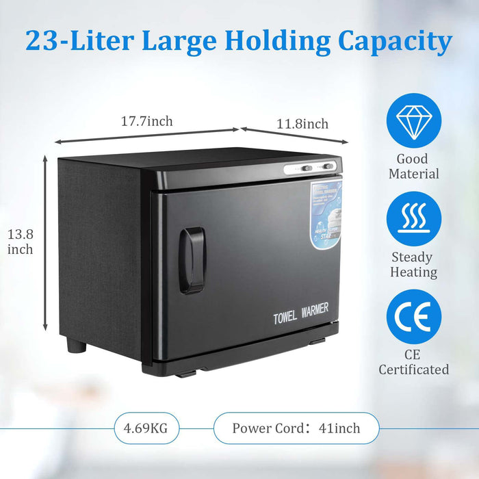 Black towel warmer with dimensions and certification details on a light gray background