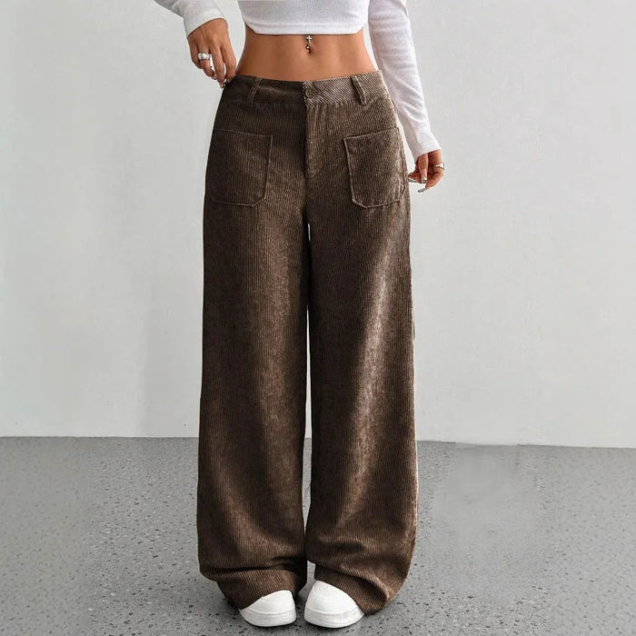 Corduroy High-Waisted Loose Floor-Length Wide-Leg Pants Front and Back Pockets