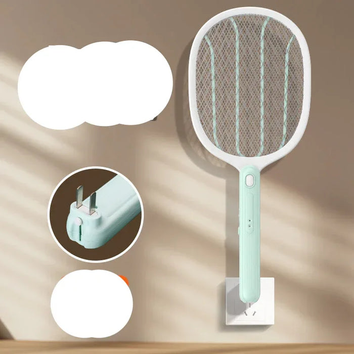 Light blue fly swatter with charging cable on a beige background