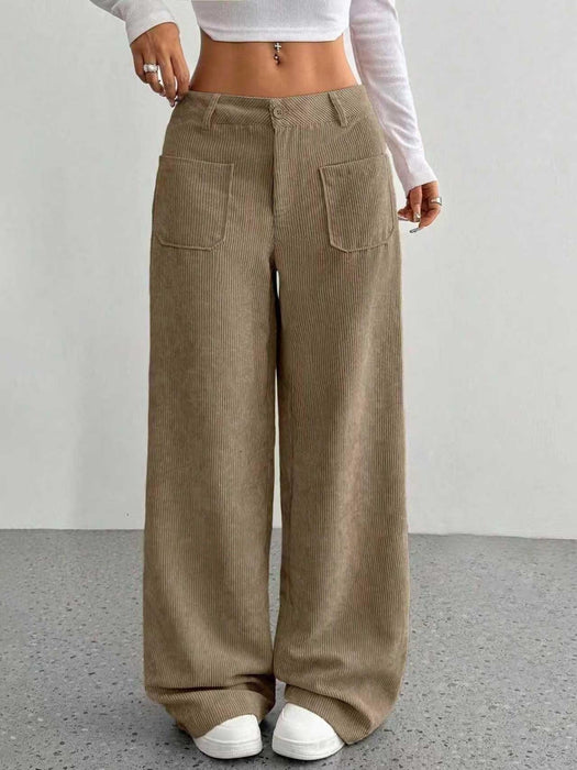 Corduroy High-Waisted Loose Floor-Length Wide-Leg Pants Front and Back Pockets