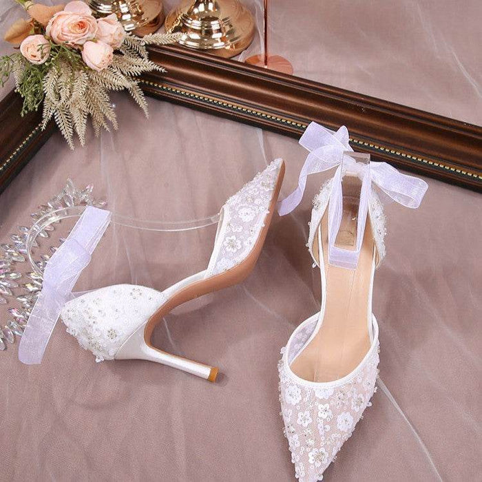 Elegant White Lace High Heel Sandals for Weddings and Special Occasions - Dio Kollections