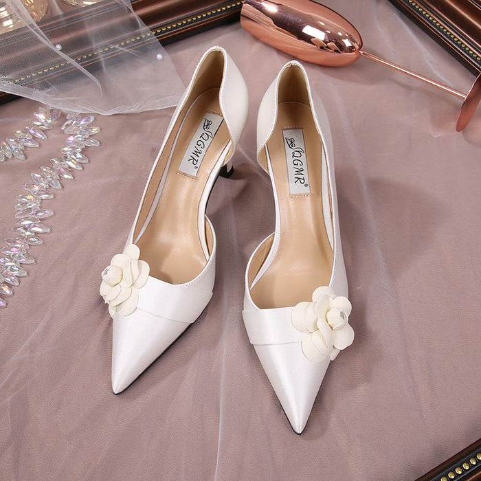 Fairy White Camellia Satin Stiletto Sandals for Women - Elegant Wedding Shoes - Dio Kollections