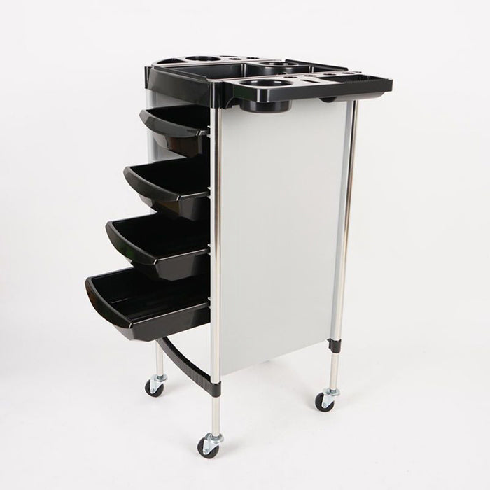Black rolling cart with multiple compartments on a white background