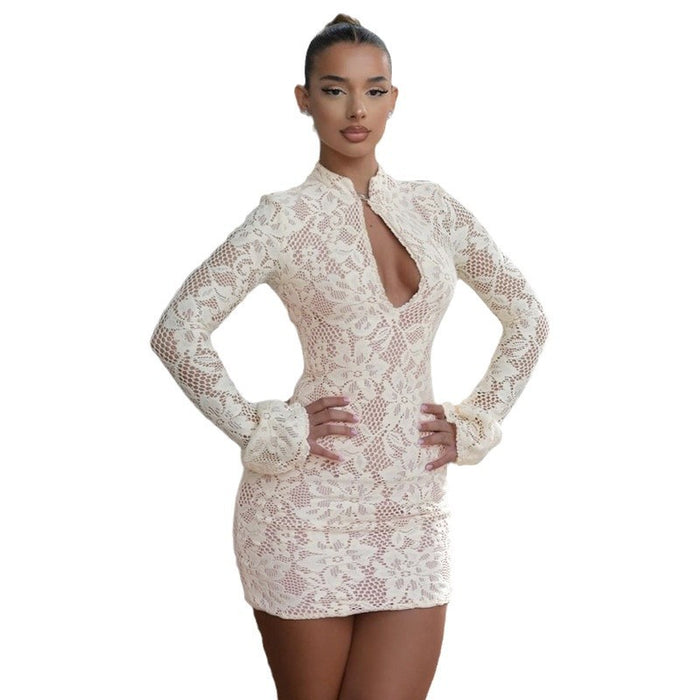 Woman wearing a white lace dress on a white background
