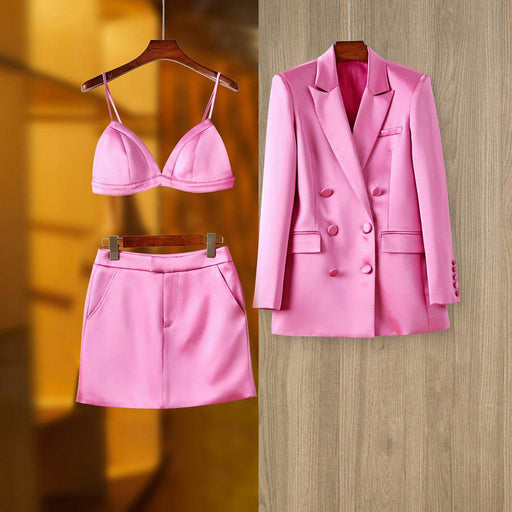 Three-piece Suit With High-end French Vintage Satin Glossy Blazer Tank Top Skirt - Dio Kollections