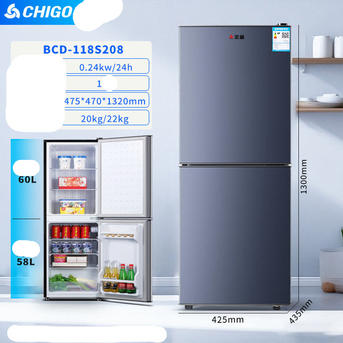 CHIGO refrigerator with open door showing interior and specifications on a white background