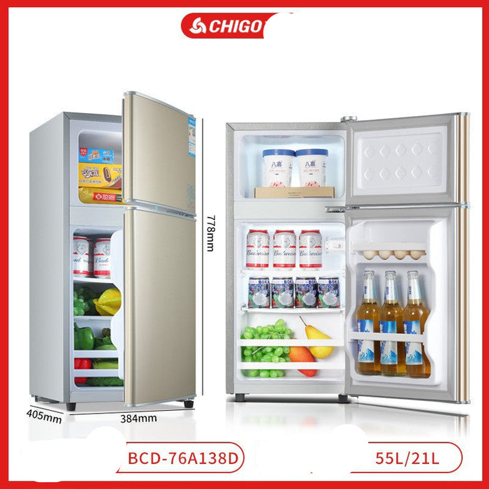 Two refrigerators with open doors showing contents, featuring the CHIGO brand.