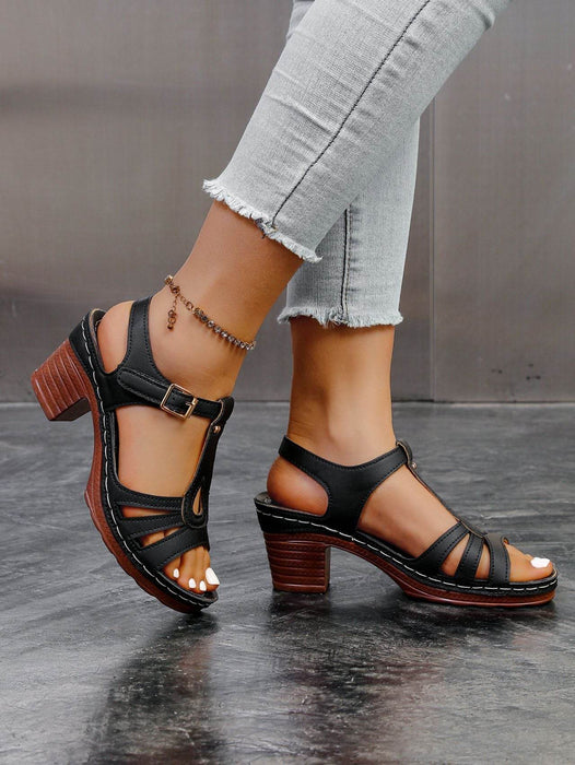 Summer New Solid Color Fish Mouth Thick Heel One-Way Buckle Strap High Heel Sandals - Dio Kollections