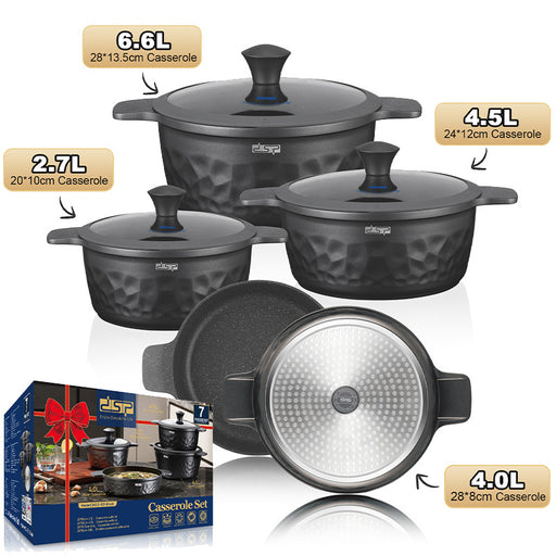 Set of black casserole dishes with varying capacities and a box in the foreground.