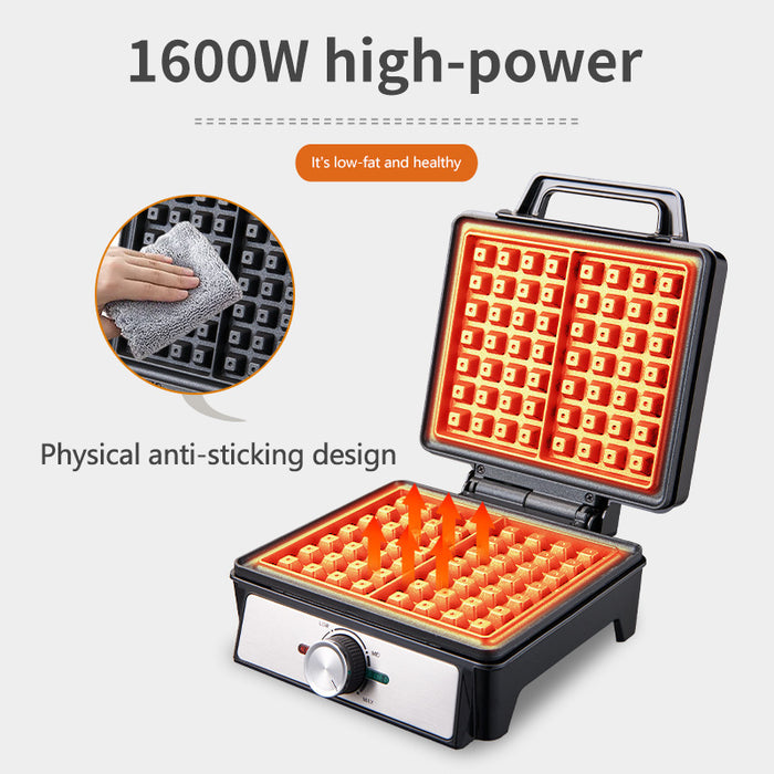 Waffle maker with glowing heating plates and text highlighting power and design features.