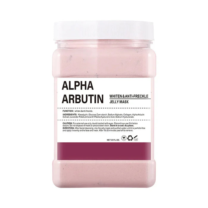 Pink jelly mask container with white lid labeled 'Alpha Arbutin' on a white background