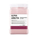 Pink jelly mask container with white lid labeled 'Alpha Arbutin' on a white background
