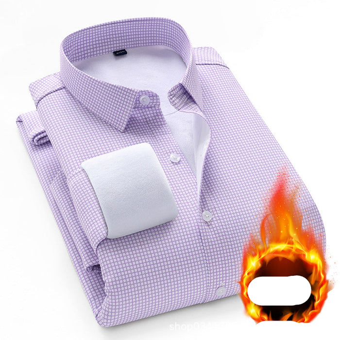 Purple checkered shirt with a flame graphic and text on a white background