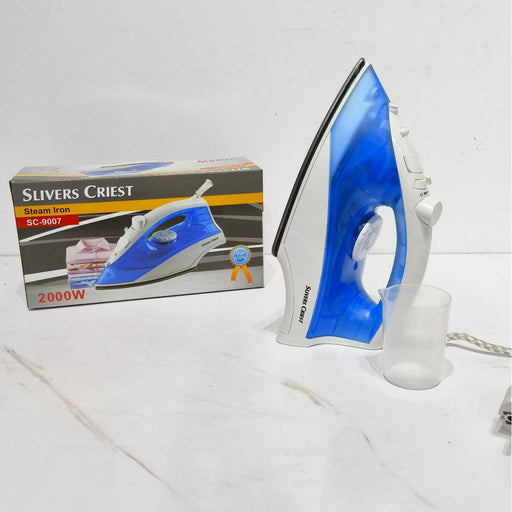 Blue and white steam iron with Slivers Crest packaging on a white background
