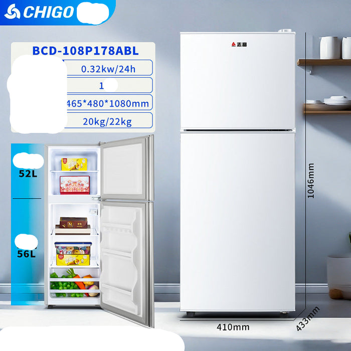 White refrigerator with open door showing interior, labeled CHIGO, on a gray background.