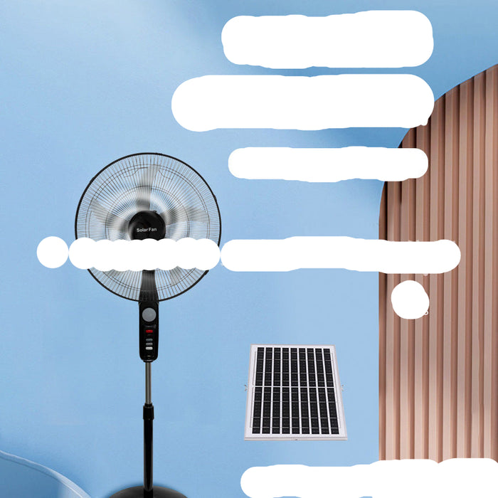 Stand fan with solar panel on a blue background, featuring Chinese text and 'Good Times' branding.