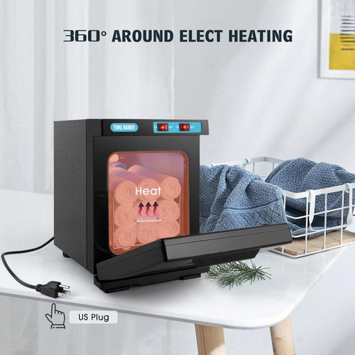Electric heating device on a table with text indicating 360-degree heating and US plug compatibility.