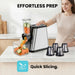 Person using a kitchen slicer with vegetables on a countertop, labeled 'Effortless Prep' and 'Quick Slicing'.