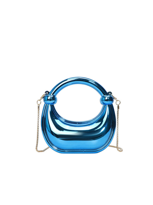 Blue handbag with chain strap on a white background