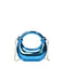 Blue handbag with chain strap on a white background