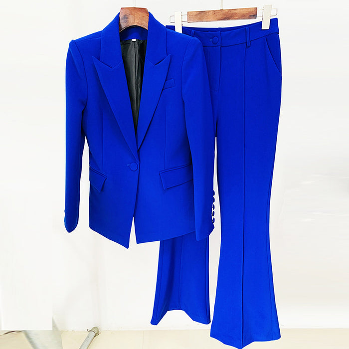 Blue suit with a blazer and pants on hangers against a white background
