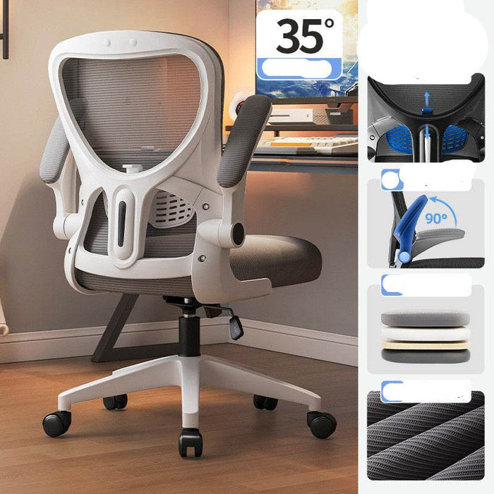 Ergonomic office chair with features highlighted on the right side