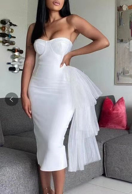 Strapless Tight Hip French Style Ladies Elegant Bandage Mesh Dress