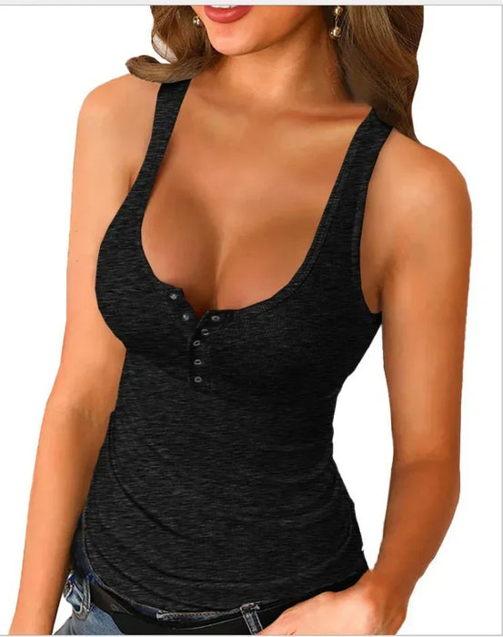 Black tank top worn by a model on a white background
