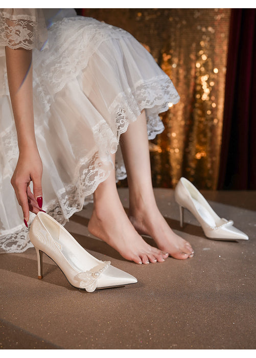 High-end Pearl French Satin Plus Size Wedding Shoes 41-43