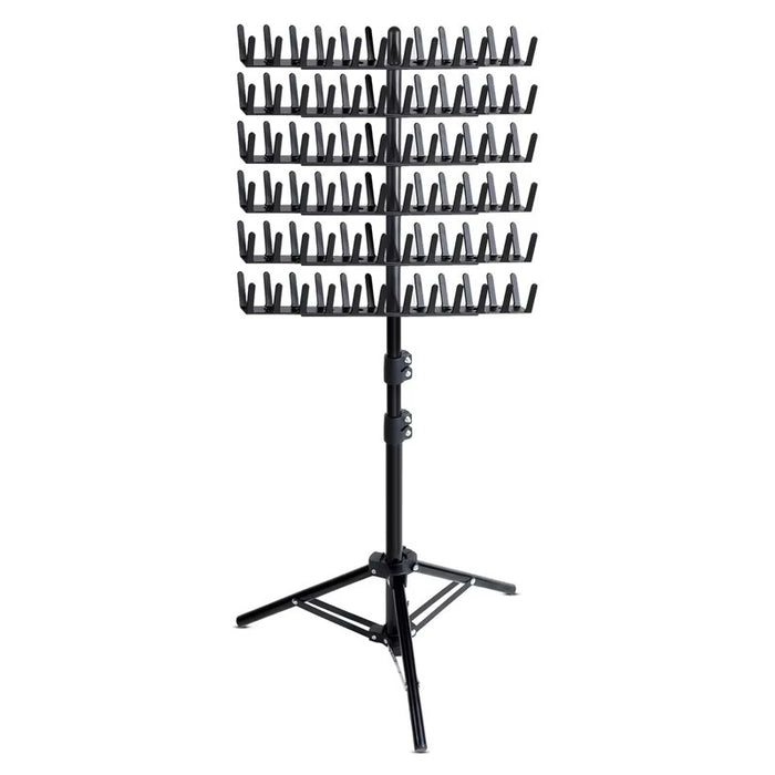 Black metal stand with multiple shelves on a white background