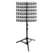 Black metal stand with multiple shelves on a white background