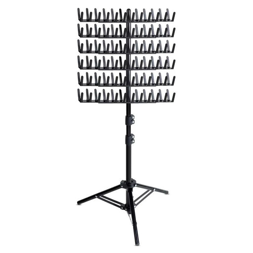 Black metal stand with multiple shelves on a white background