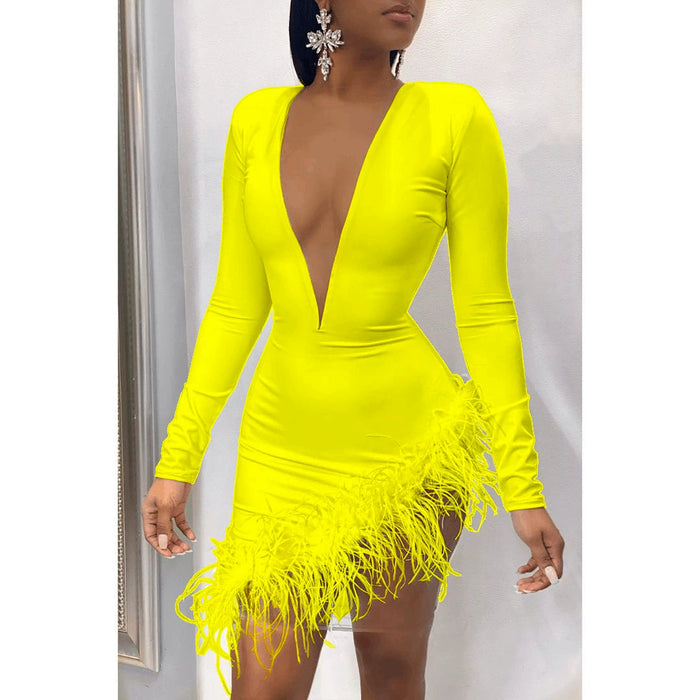 Dio Feather White Deep V Neck High Slit Bodycon Dress